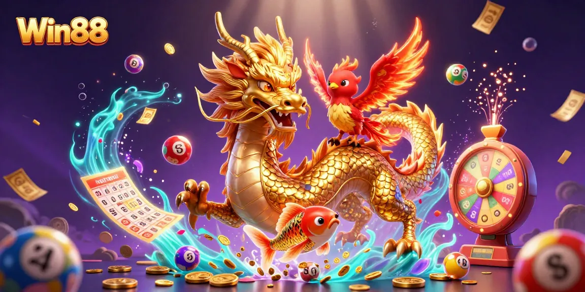 Experience thrilling wins with Win88 as a powerful dragon, vibrant phoenix, and koi fish dance through a casino