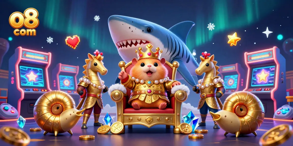 Experience the excitement at o8 com with a vibrant casino scene featuring a hamster king, seahorse guards, and game elements.