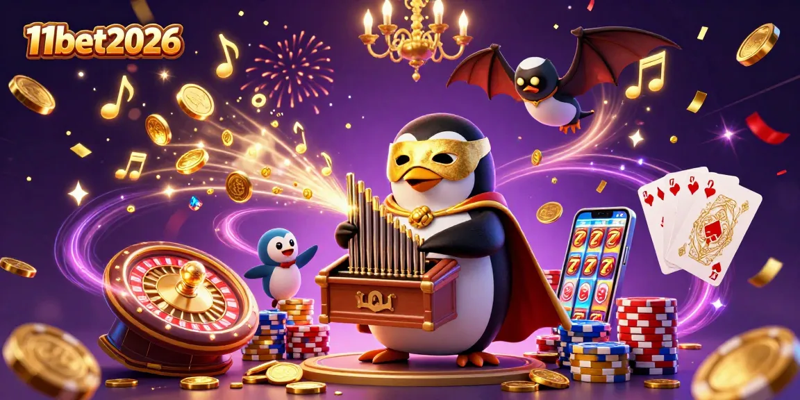 Experience the thrills of 11bet2026 with a cartoon penguin playing winning slots and spinning roulette.