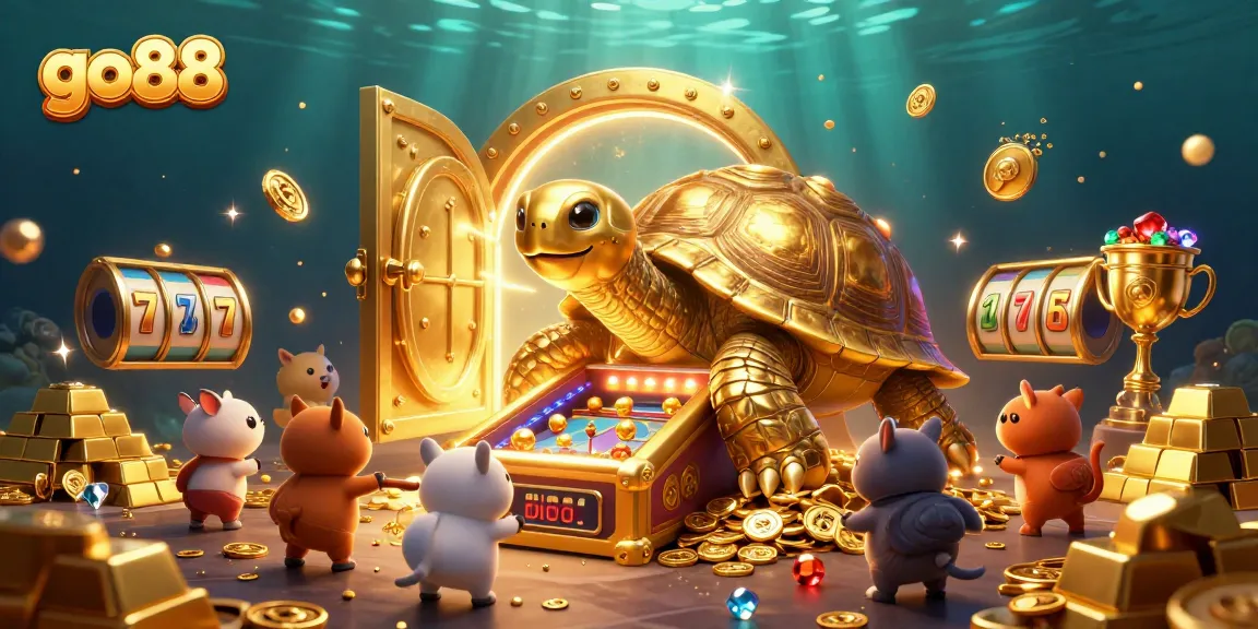 Experience go88's thrilling slot game action with a vibrant 3D tortoise pinball machine and treasure elements.