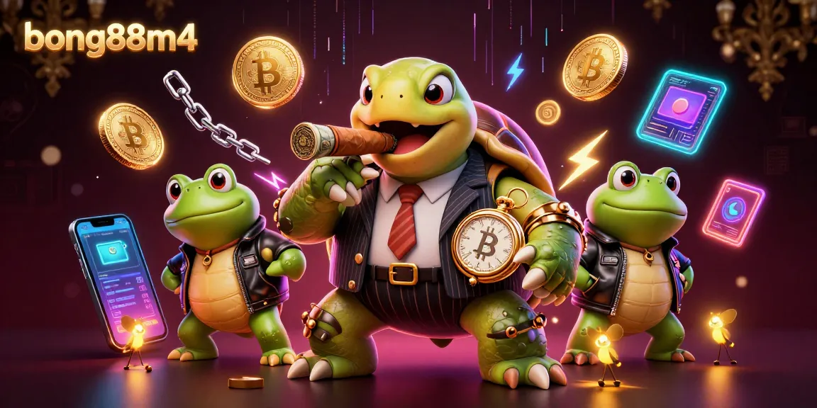 Win big at bong88m4 with a vibrant 3D illustration featuring a mobster turtle and bullfrog enforcers gambling.