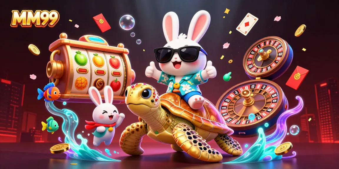 Engage in thrilling gaming at MM99 with a vibrant 3D scene featuring lucky characters and exciting casino elements.