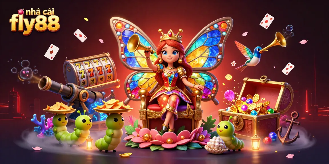 Engage with the vibrant world of nhà cái fly88, showcasing a lively casino scene filled with slot elements and enchanting characters.
