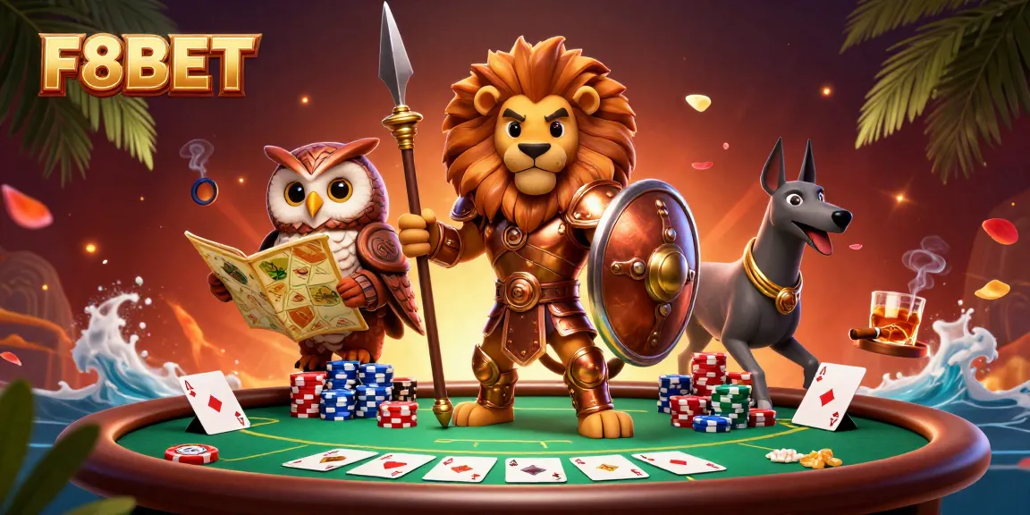 Engage with F8BET's thrilling betting action featuring a Spartan hero and vibrant casino elements.