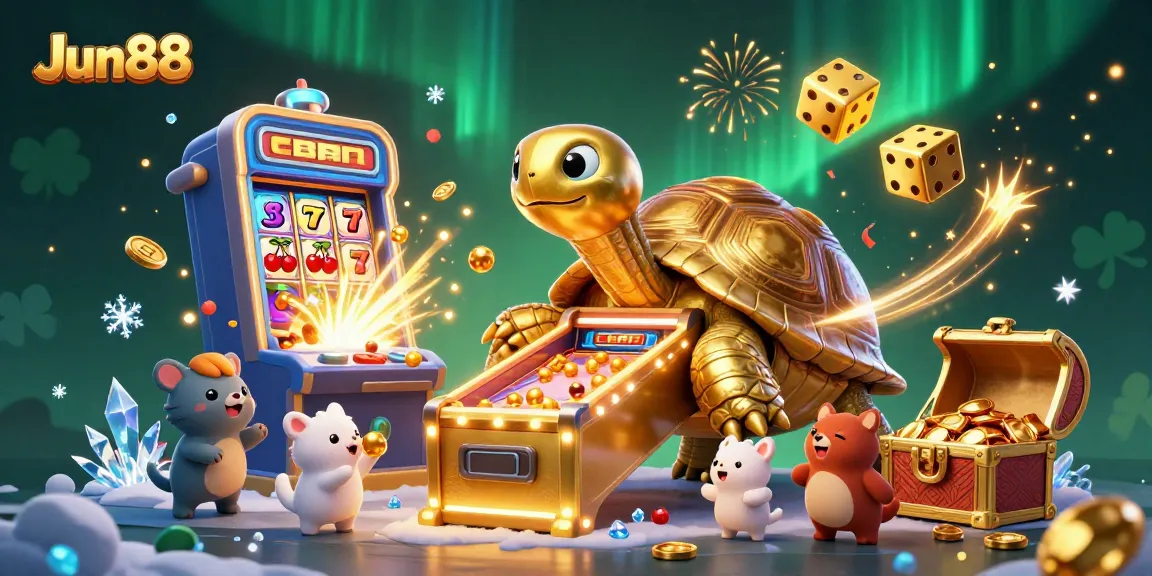 Experience thrilling gameplay at Jun88 with a magnificent display of casino elements in a vibrant digital illustration.