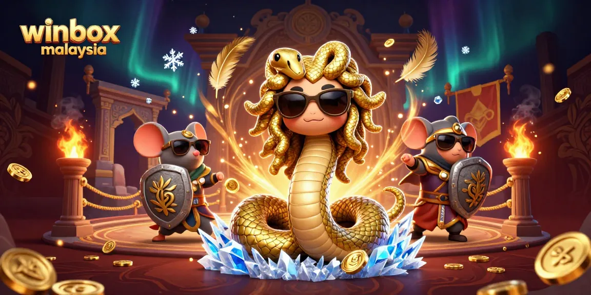 Engage with winbox malaysia's vibrant gaming world featuring a lively scene of Medusa, a warrior mouse, and casino elements.