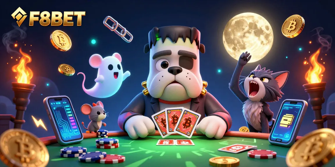 Engage in dynamic F8BET gameplay featuring a whimsical scene with a Frankenstein bulldog dealer.