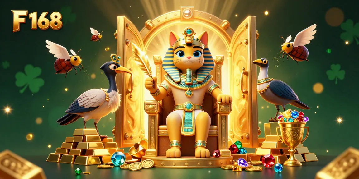 Experience the luxury of F 168 with an Egyptian pharaoh cat and treasures in a vibrant online casino scene.