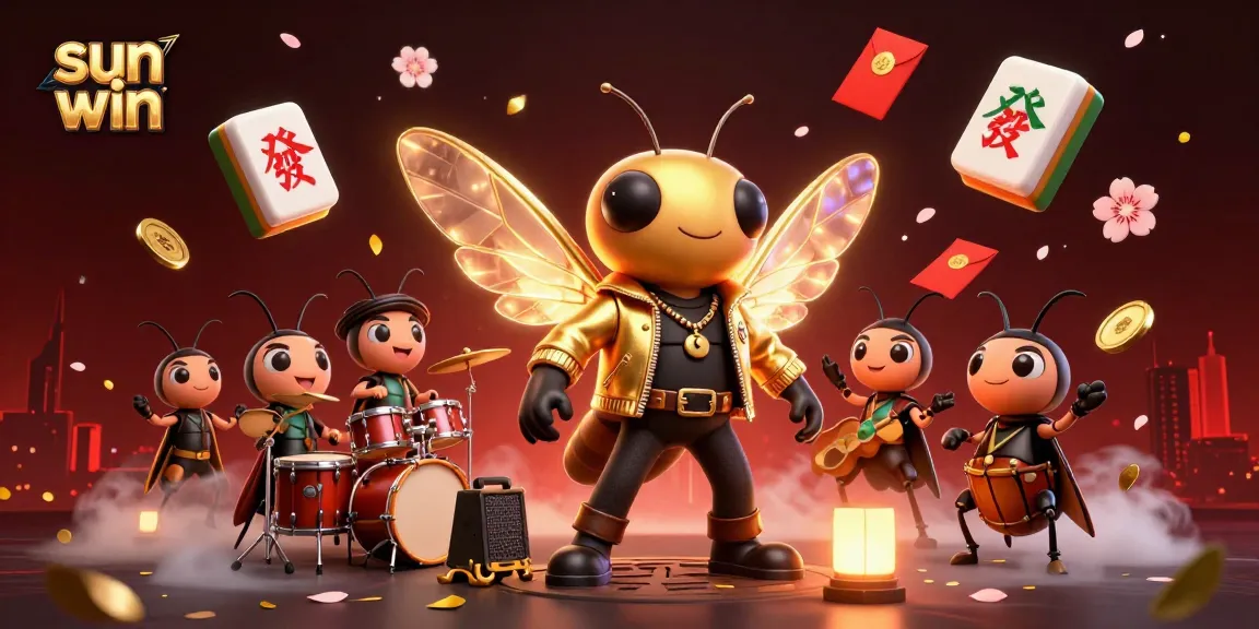 Join the action with sun win, a vibrant scene of a cicada rock star and colorful casino elements.