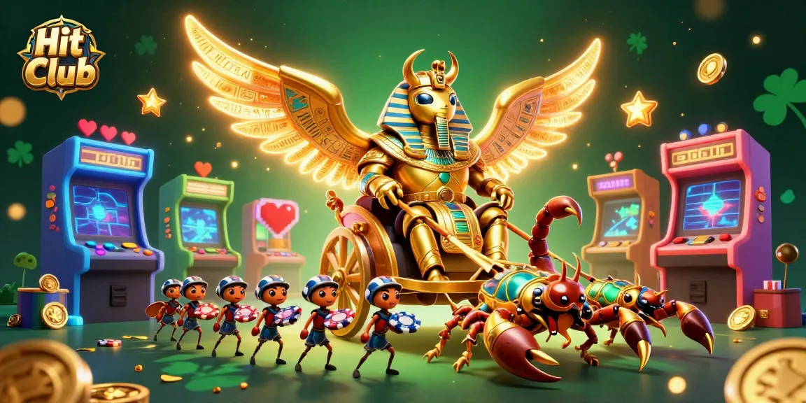 Experience thrilling gameplay at Hit Club with vibrant characters, colorful arcade machines, and poker chip-bearing ant soldiers.