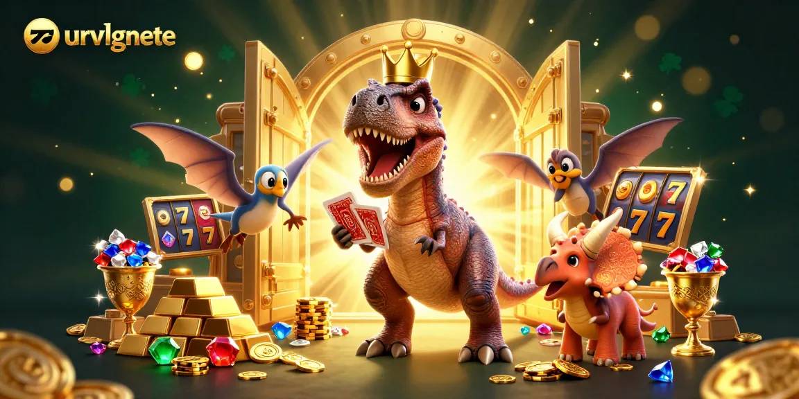 Experience the excitement of eurvlgnete as T-Rex and friends enjoy slots in a vibrant casino scene.