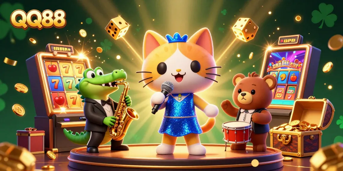 Experience the excitement of QQ88 online gaming with vibrant characters and dynamic casino elements.