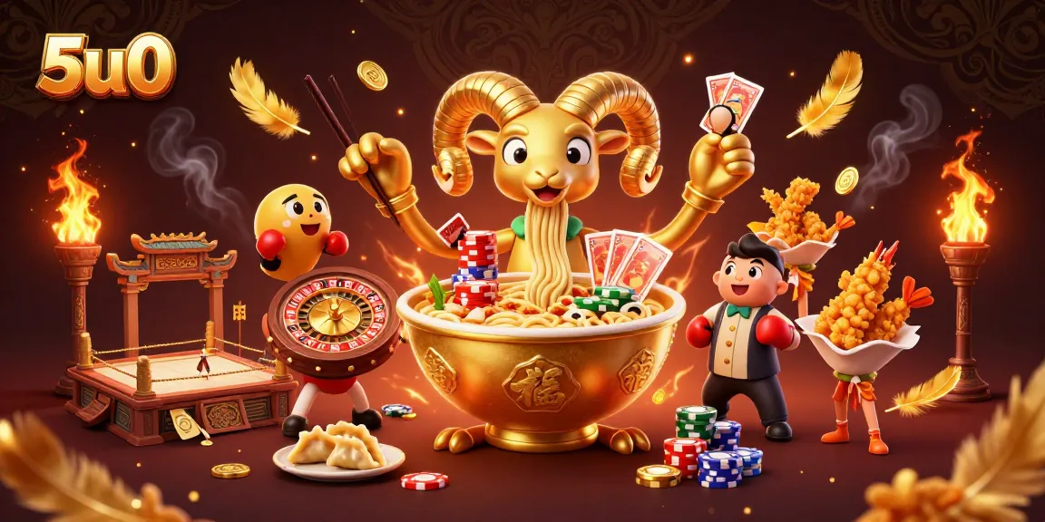 Engage in lively casino action with 5u0, featuring a golden ramen bowl dealer and festive cheerleaders.
