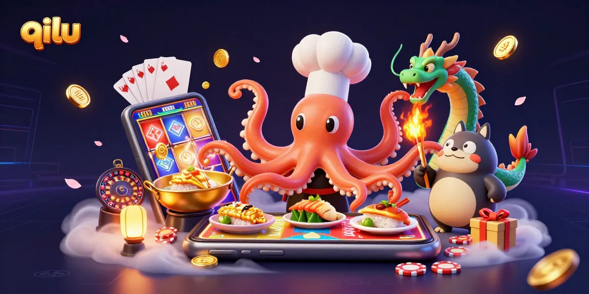 Experience qilu's vibrant gaming with a fiery sushi chef and dragon in a dynamic casino scene.