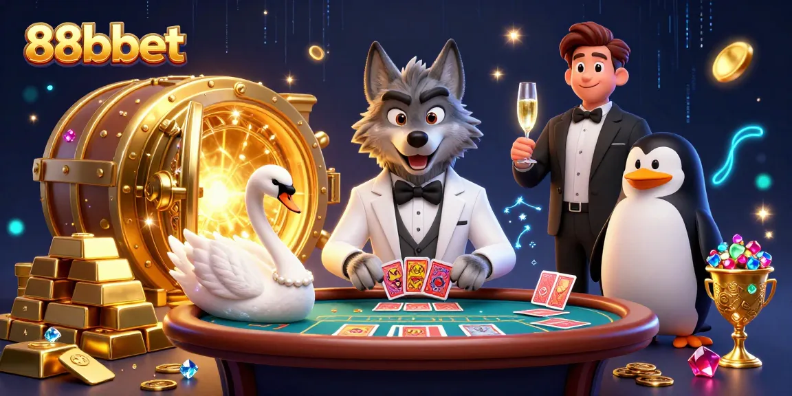 Engage with 88bbet’s vibrant casino scene featuring a debonair wolf at a baccarat table, luxurious cards, and exquisite drinks.