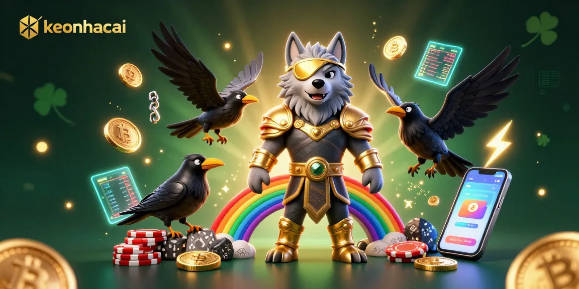 Experience keonhacai's thrilling gaming scene with Odin and glowing crypto elements in a vibrant 3D illustration.