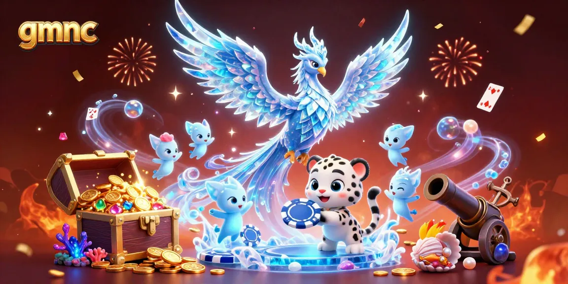 gmnc showcases a vibrant encounter with an ice phoenix, snow leopard, and poker chip in an animated casino scene.