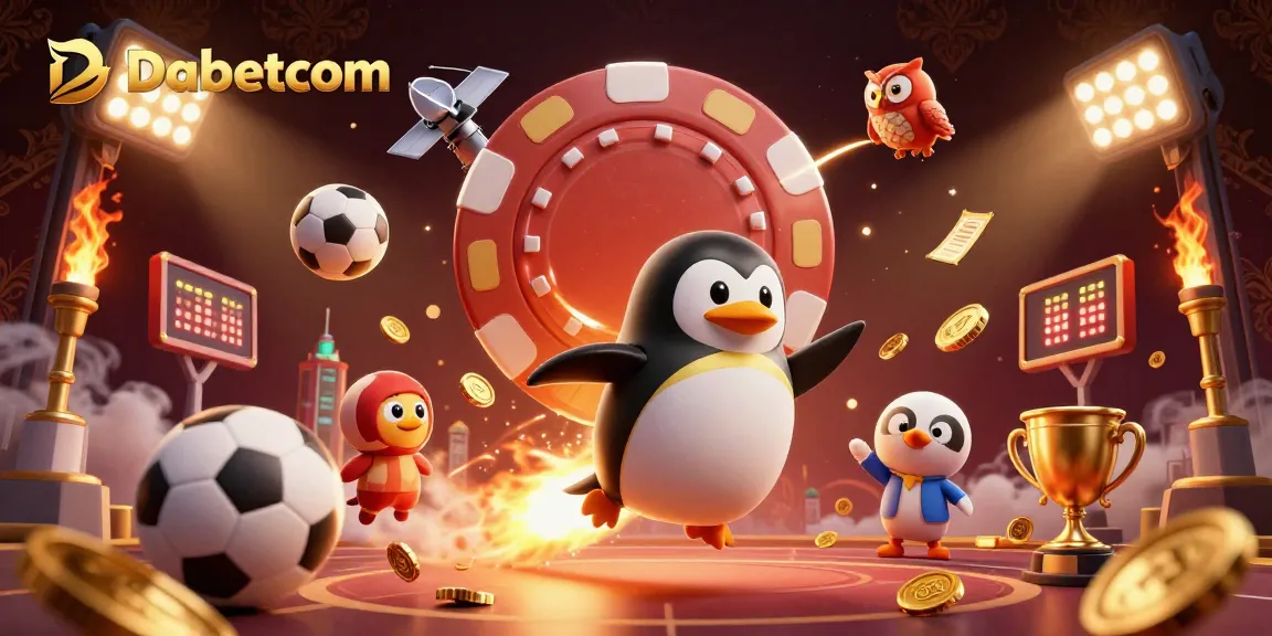 Dabetcom showcases a dynamic 3D illustration featuring a golden penguin spacecraft racing towards a giant poker chip casino.