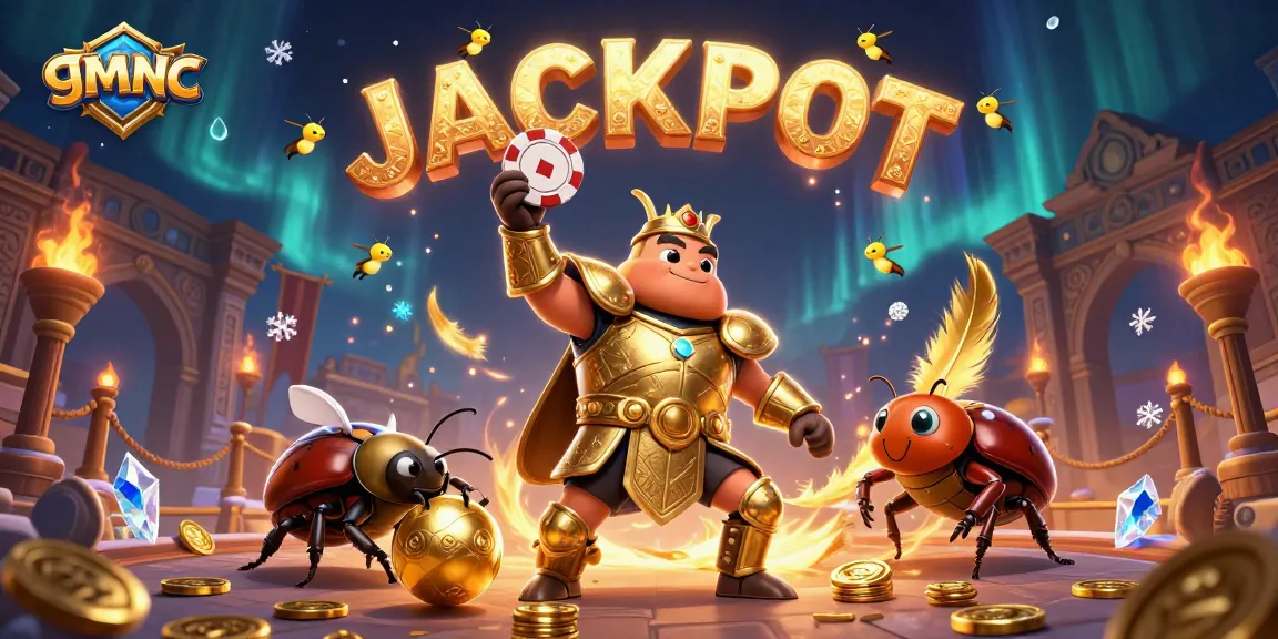 Experience the excitement of gmnc as a golden hercules beetle lifts a poker chip amidst vibrant casino elements.