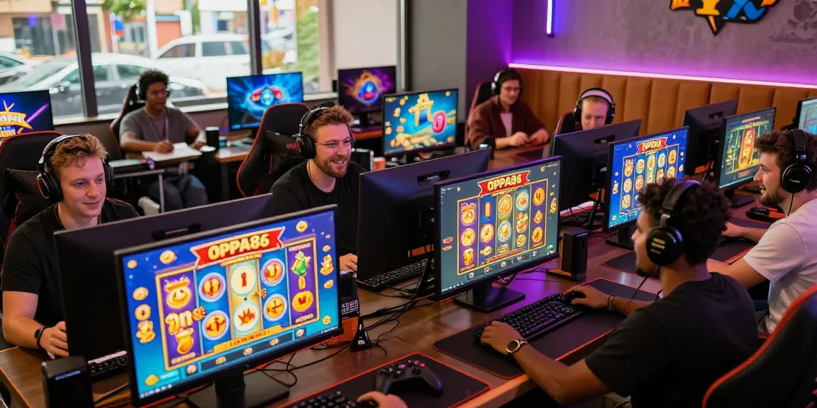 Engaging online gaming atmosphere with players enjoying OPPA86 slot games, showcasing vibrant graphics and cozy lounge.