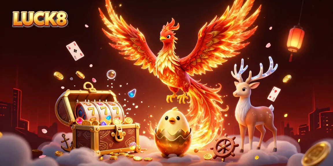 Engage in thrilling gambling at LUCK8 with exciting slot games featuring a vibrant phoenix scene.