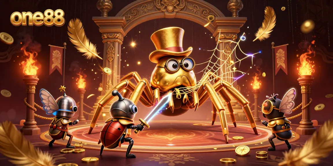 Experience thrilling adventures at one88 with a giant tarantula weaving golden webs in a rich casino atmosphere.