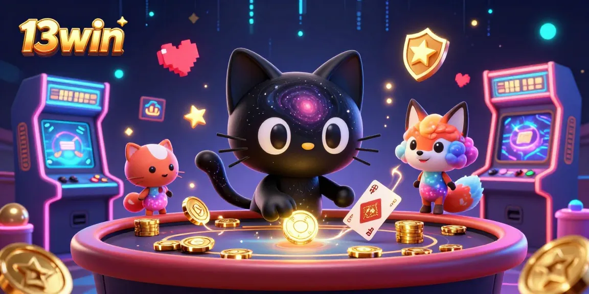 Engage with the captivating 13win cosmic casino scene featuring a black hole cat and colorful elements.